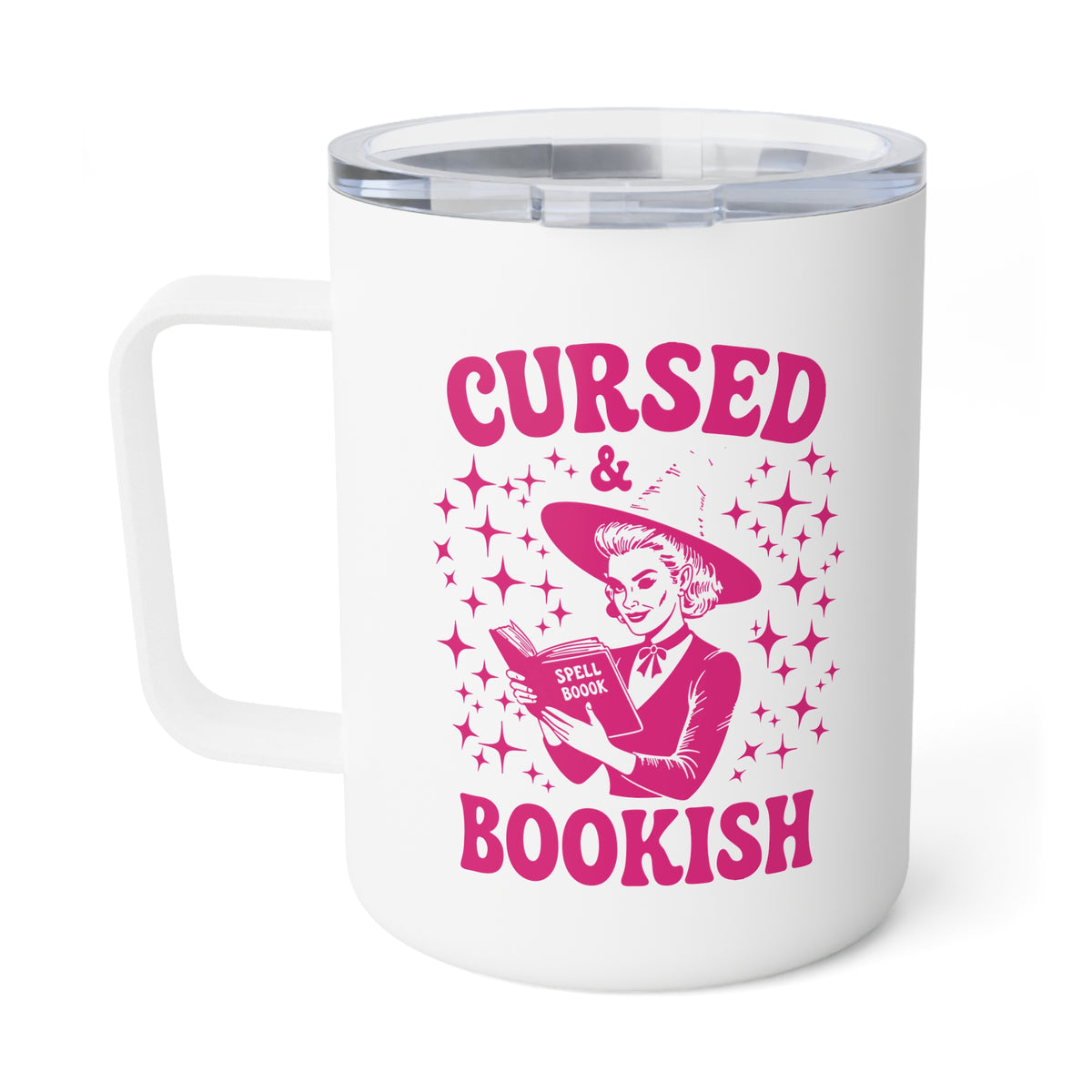 Insulated Coffee Mug — 'Cursed and Bookish' Pink Star Graphic 10oz Travel Tumbler
