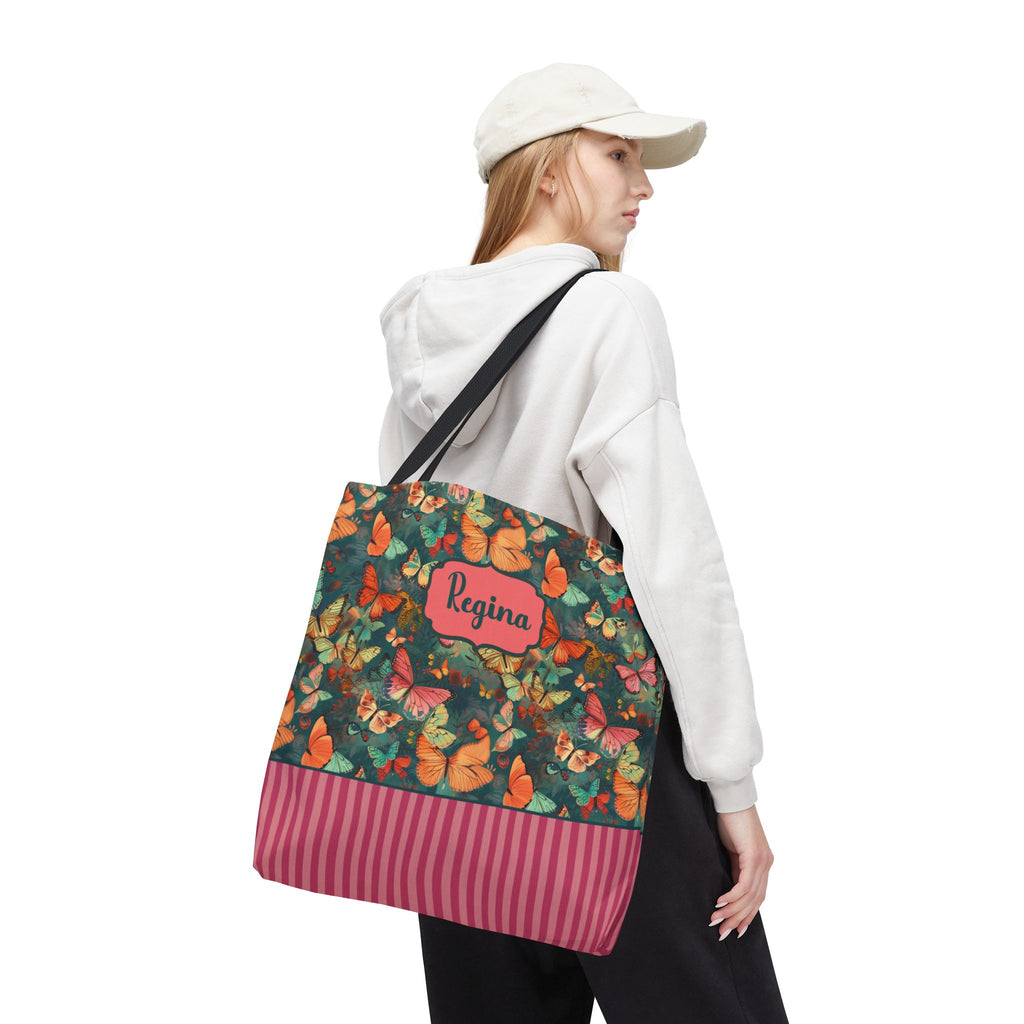 Personalizable Girly Handwriting Bag - Dreamy Butterfly Striped Tote