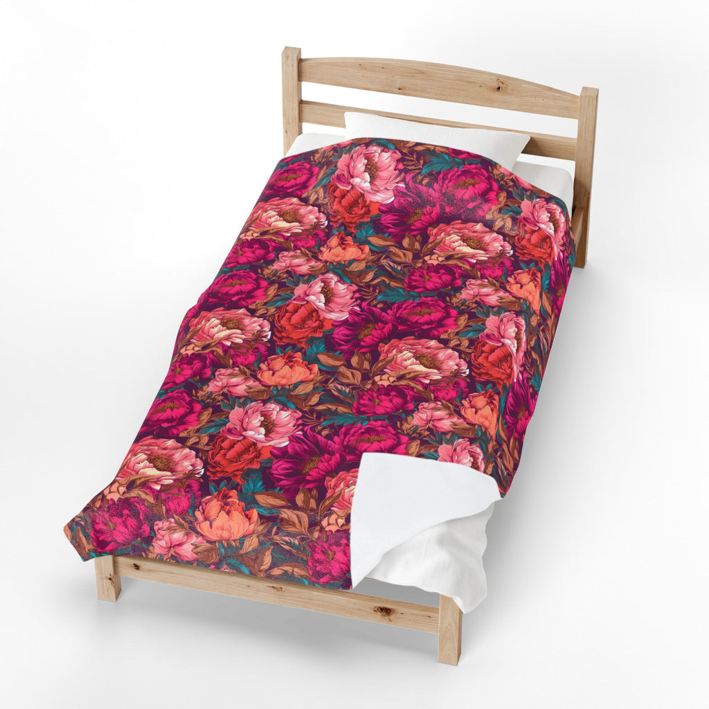Vivid Magenta Peony Maximalist Velveteen Floral Plush Blanket