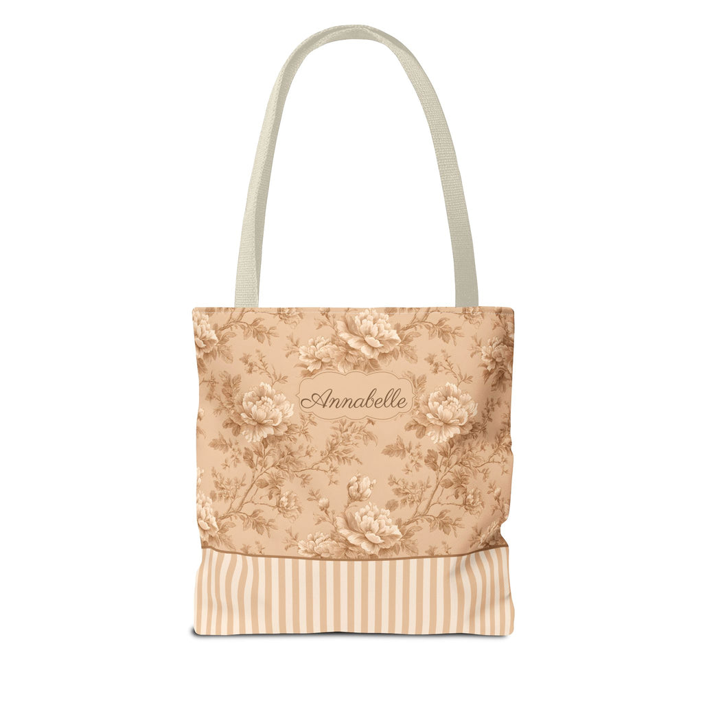 Personalizable Vintage Floral Tote - Sepia Toile Striped Bag