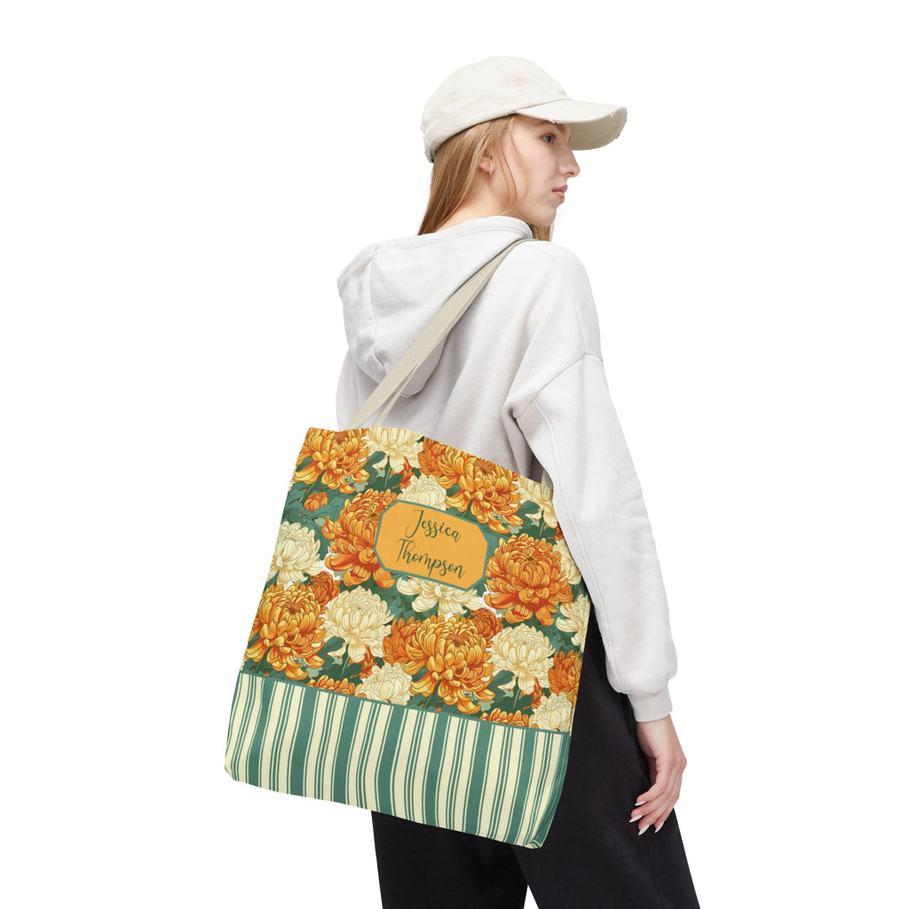 Personalizable Vintage Floral Stripe Tote Bag – Cream and Orange Chrysanthemums Tote