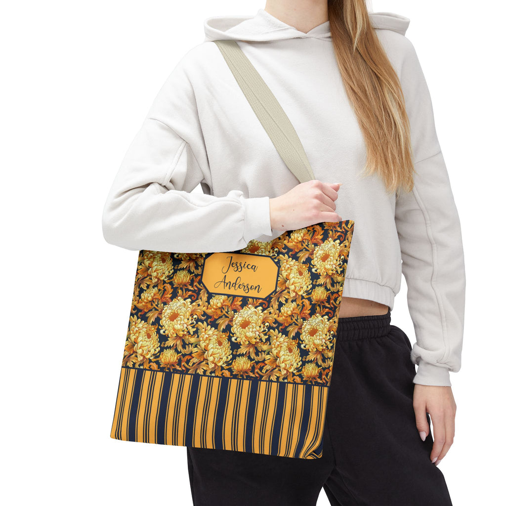 Personalizable Floral Harvest Tote Bag — Vintage Chrysanthemum Striped Tote
