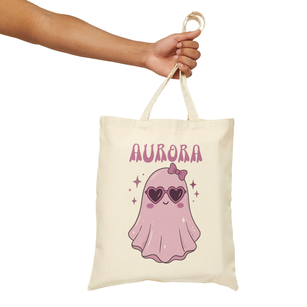 Purple Cute Ghost Trick-or-Treat Tote Bag — Personalizable Halloween Canvas Tote