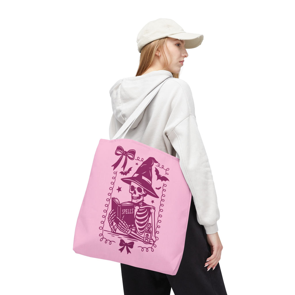 Pink Reading Witch Skeleton Tote Bag — Cute Coquette Frame Halloween Tote