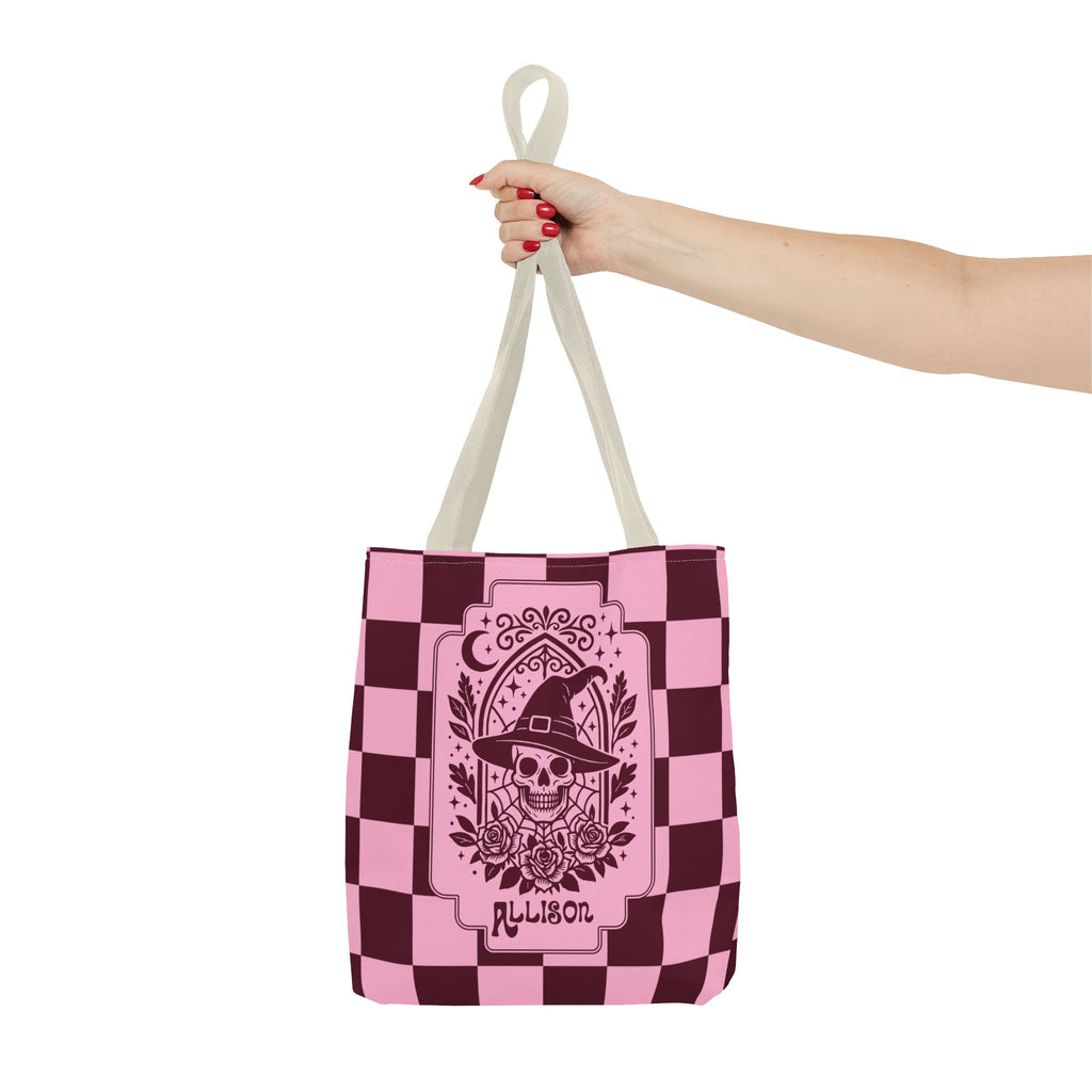 Pink Spooky Checkerboard Carryall - Gothic Witch Skull Personalizable Tote