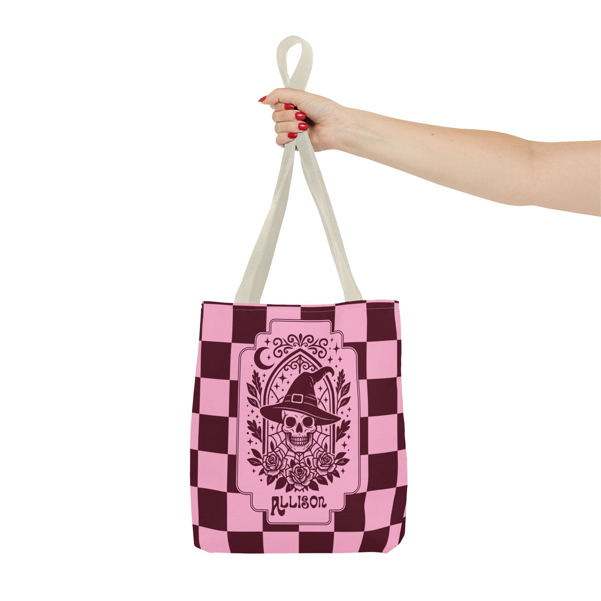 Pink Spooky Checkerboard Carryall - Gothic Witch Skull Personalizable Tote