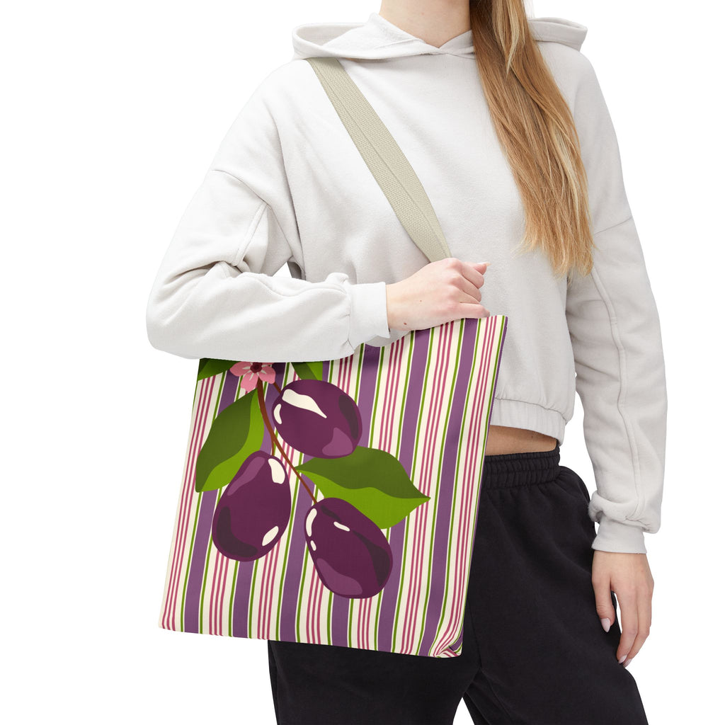 Plum Orchard Striped Tote Bag - Floral Plum Bouquet All-Over Print Tote