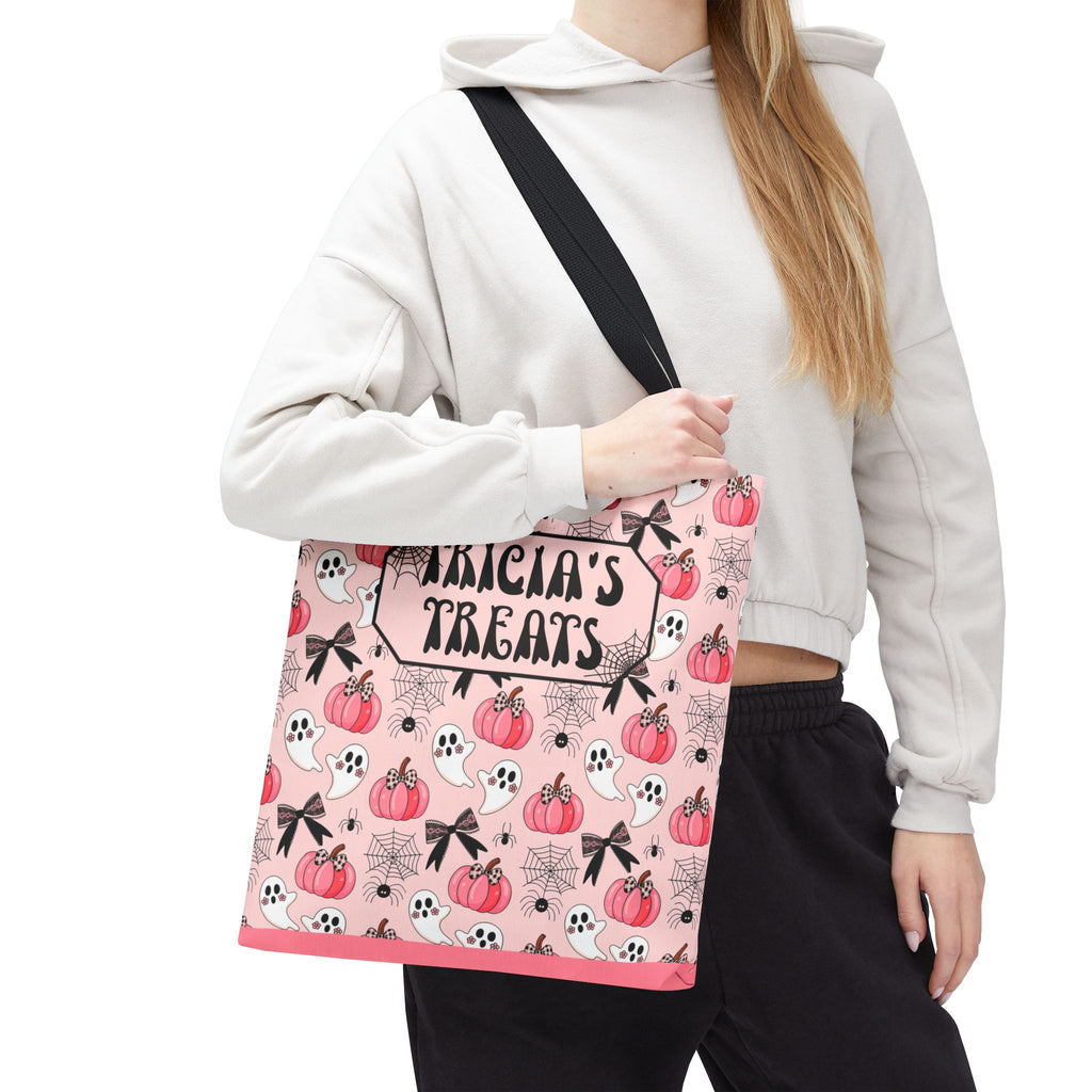 Pink Pumpkin Halloween Tote Bag - Cute Ghosts and Bows Personalizable Trick or Treat Bag