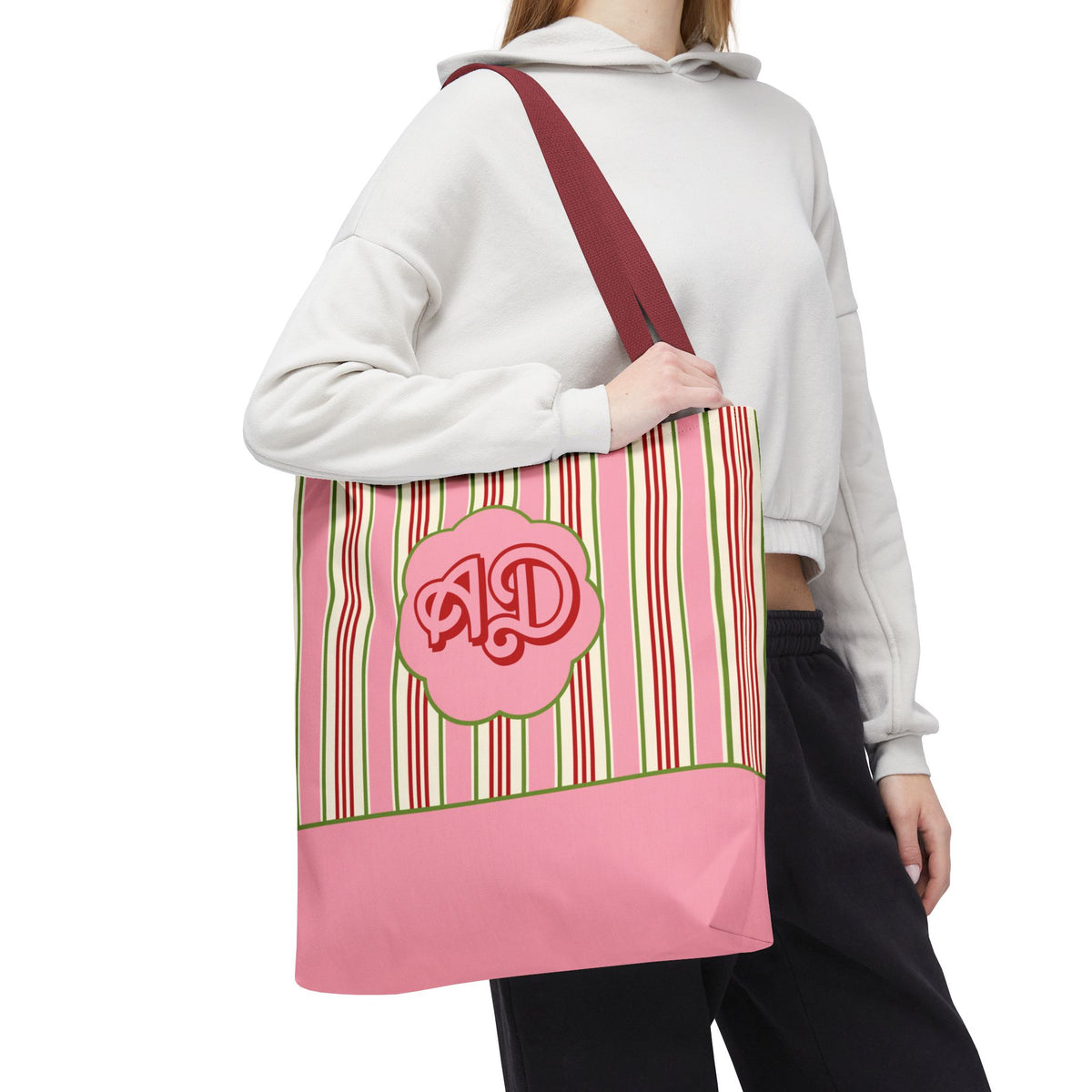 Customizable Striped Pink Tote Bag – Vintage Strawberry Stripe Monogram Tote Bag