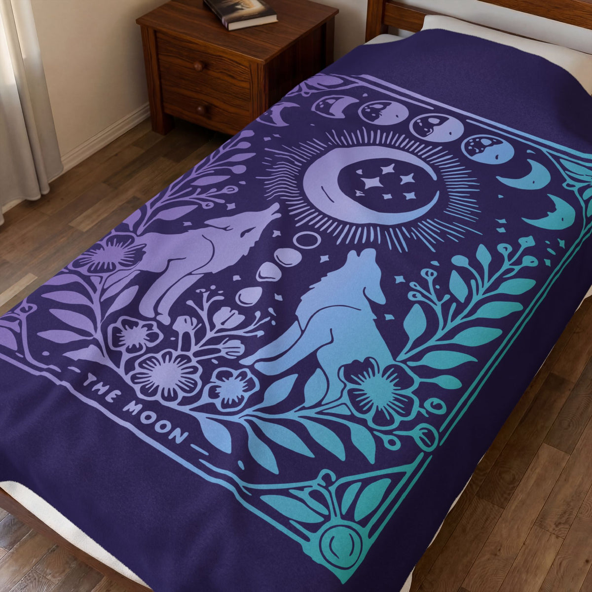 Celestial Moon Phases Blanket - Mystical Wolf and Moonlight Tarot Velveteen Plush Throw