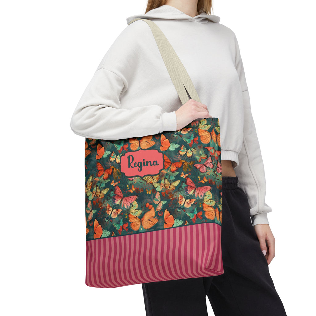 Personalizable Girly Handwriting Bag - Dreamy Butterfly Striped Tote