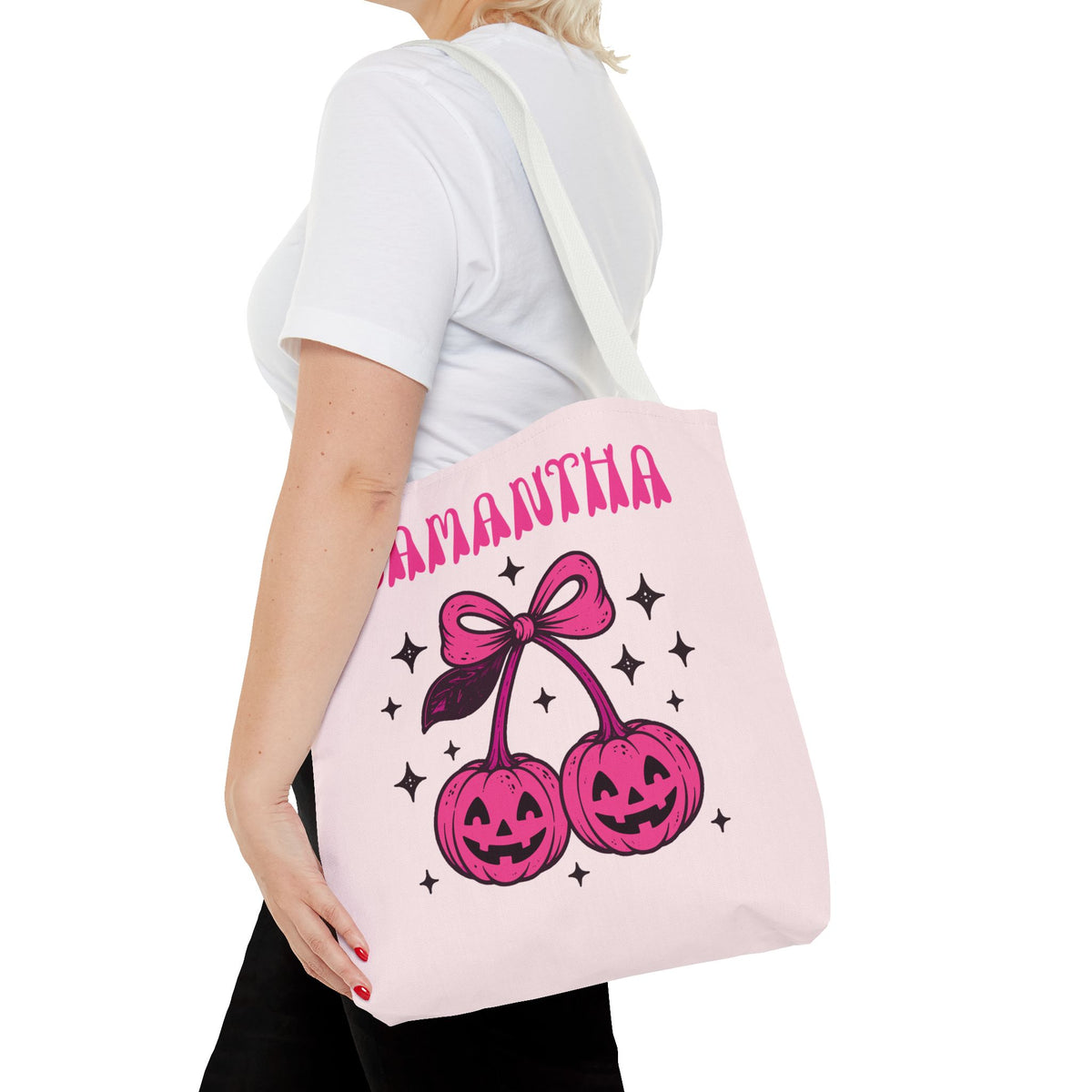 Personalized Halloween Tote - Pink Pumpkin Cherries "So Cute It's Spooky" Trick or Treat Bag
