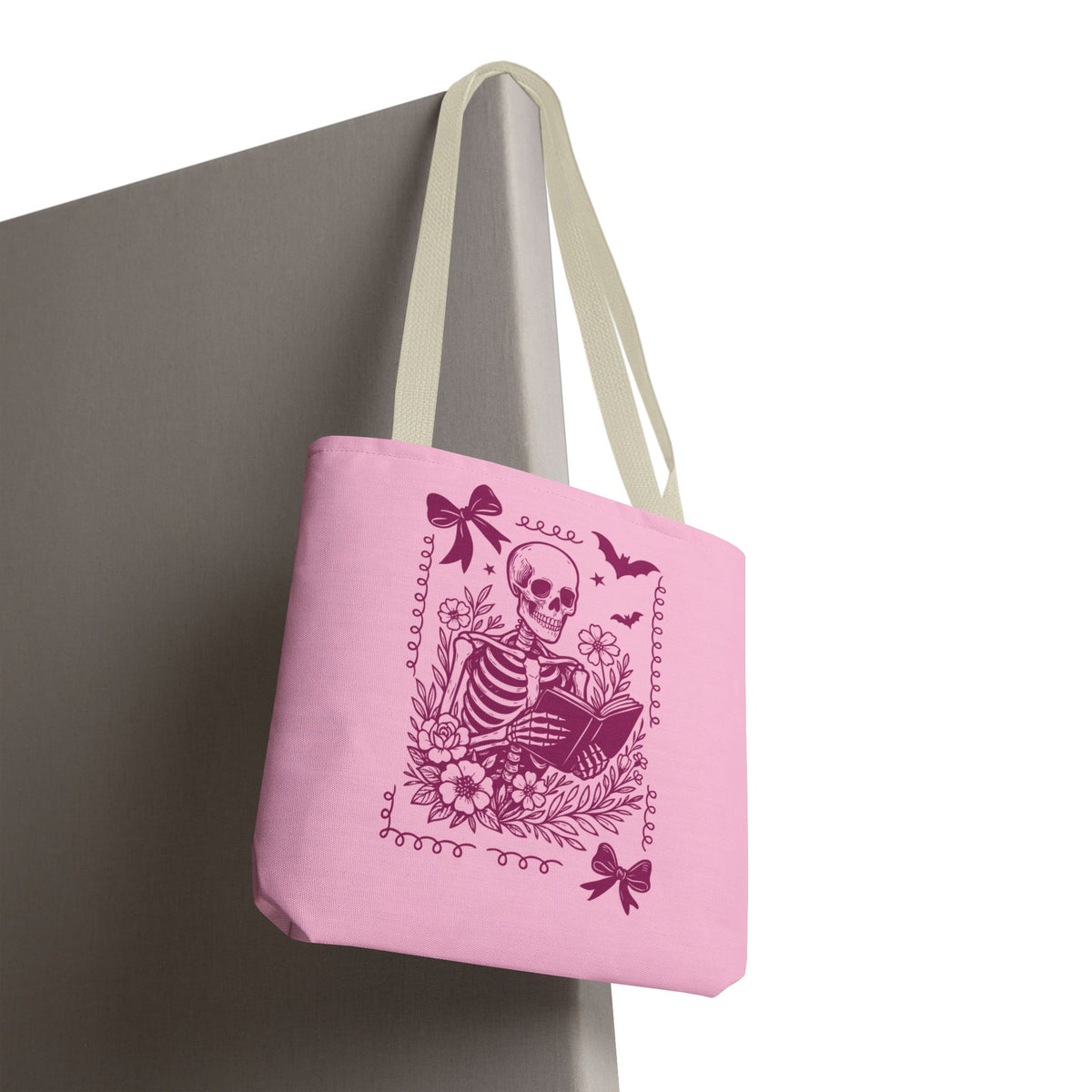 Floral Pink Reading Skeleton Tote Bag  - Cute Gothic Booklover Tote