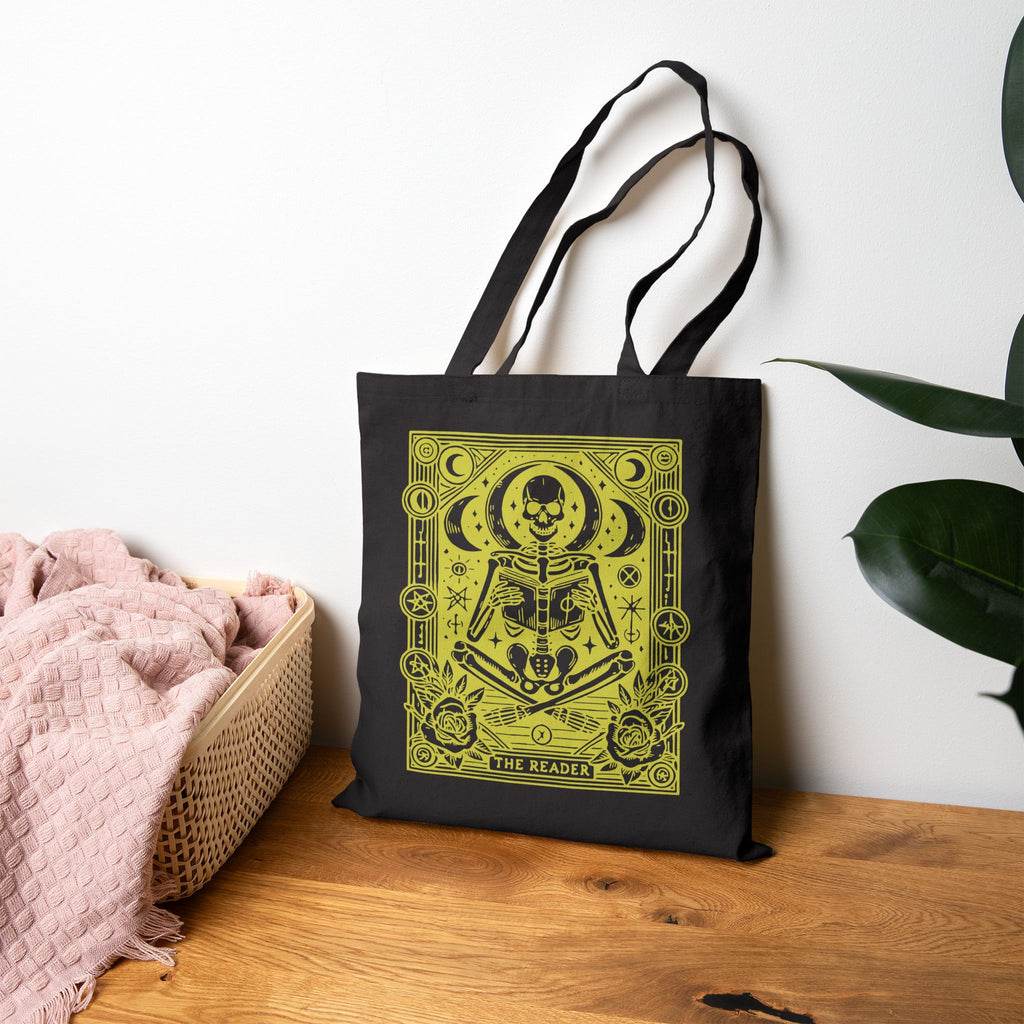 The Reader Skeleton Tarot Design in Green Cotton Canvas Tote