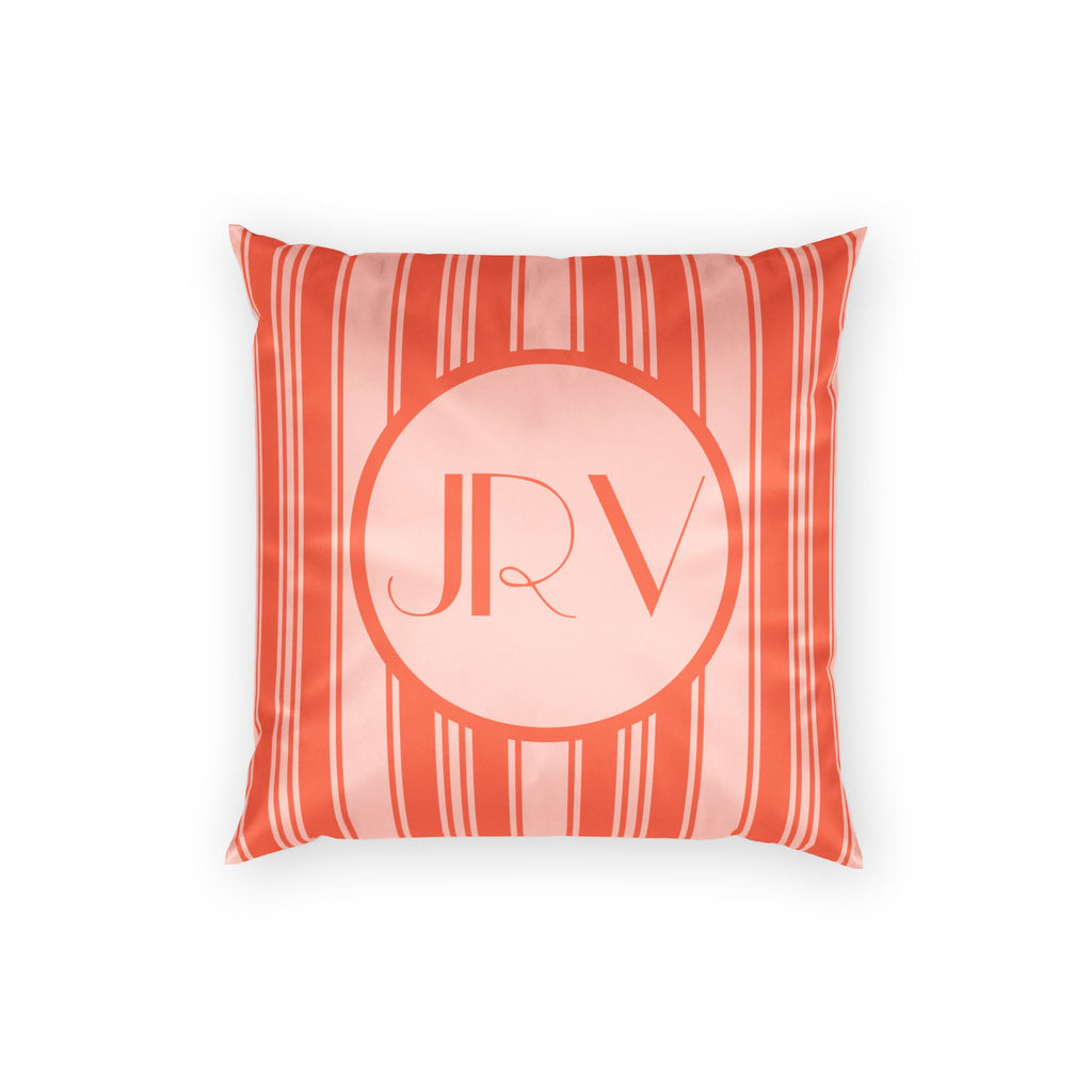 Retro Velvet Personalizable Pillow - Vermillion Orange Ticking Stripe Monogram Pillow
