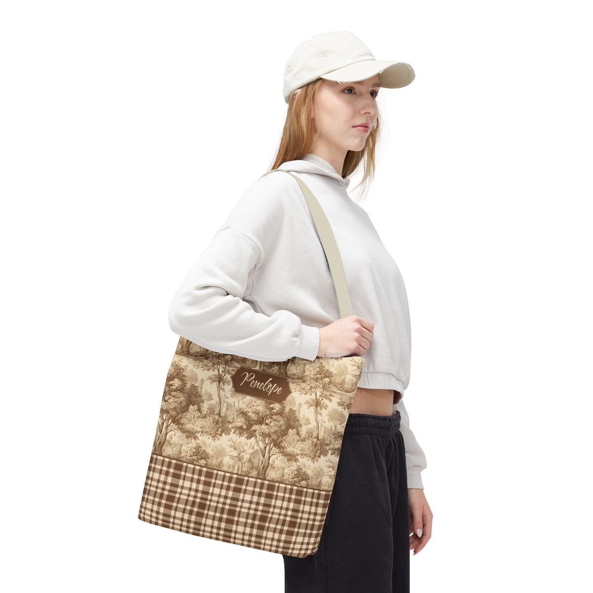 Personalized Market Tote -  Vintage Sepia Toile and Plaid Rustic Country Carryall