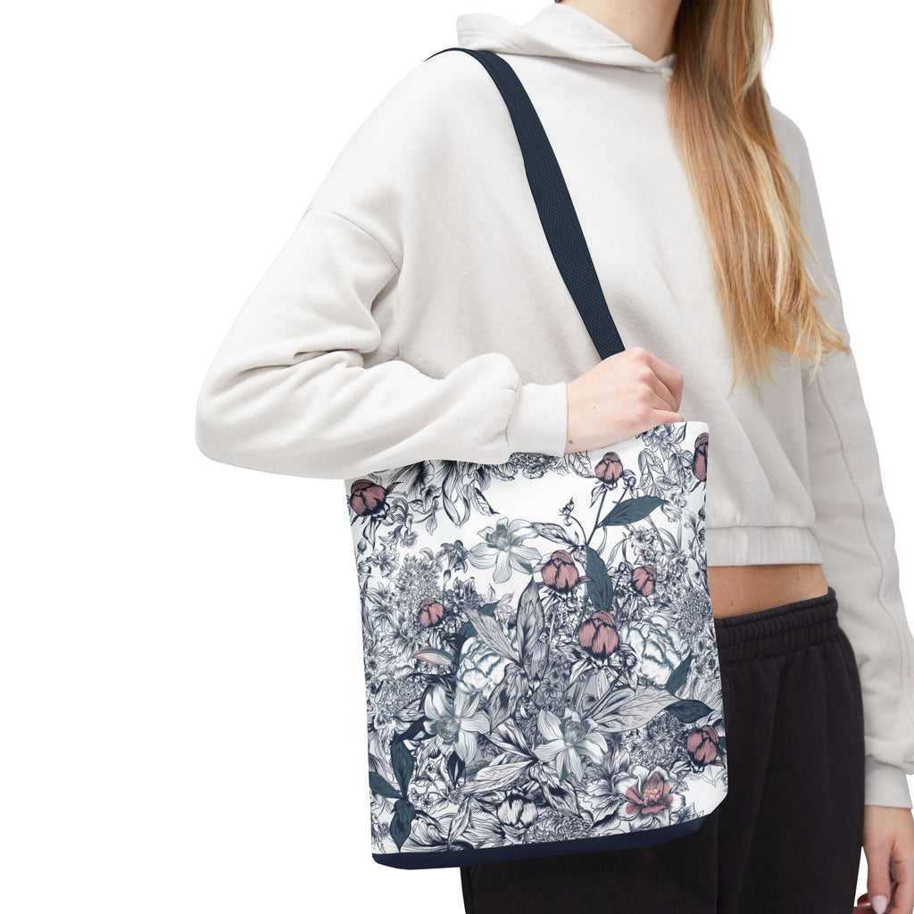Navy and Pink Floral Sketch Tote Bag - Botanical Market Carryall