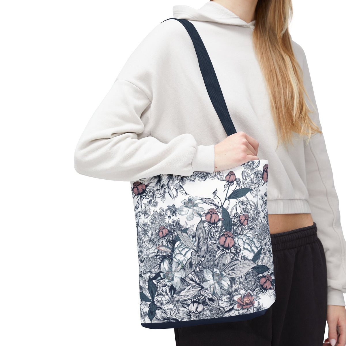 Navy and Pink Floral Sketch Tote Bag - Botanical Market Carryall