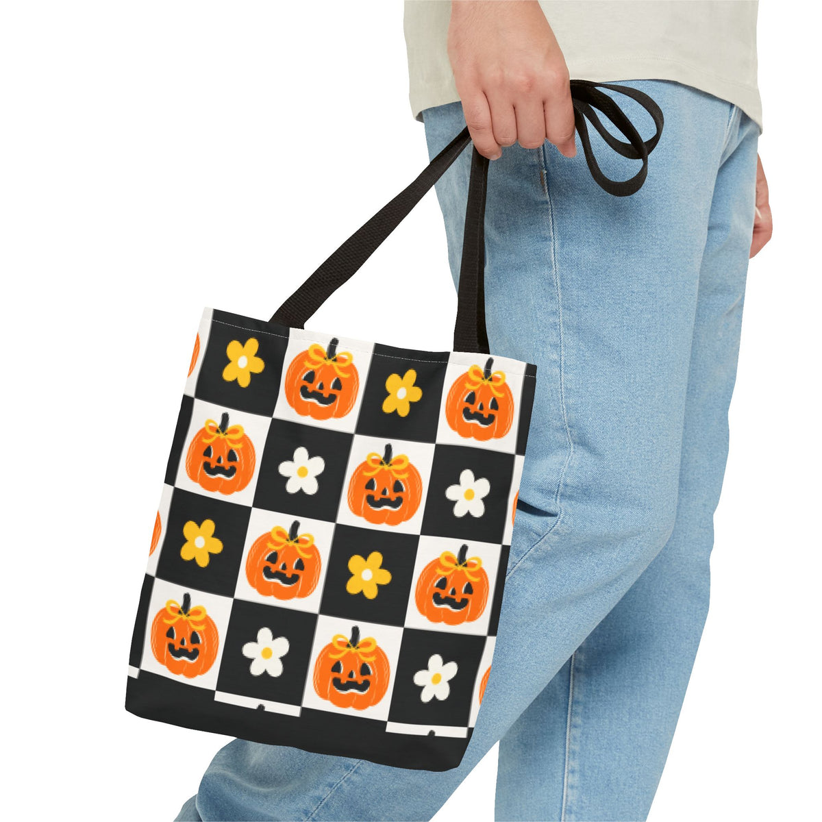 Coquette Pumpkin and Daisy Checkerboard Tote Bag - Cute Jack O Lantern Carryall