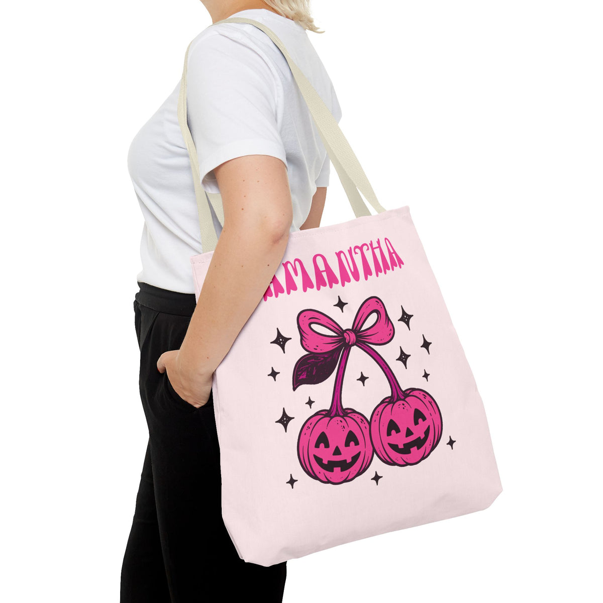 Personalized Halloween Tote - Pink Pumpkin Cherries "So Cute It's Spooky" Trick or Treat Bag