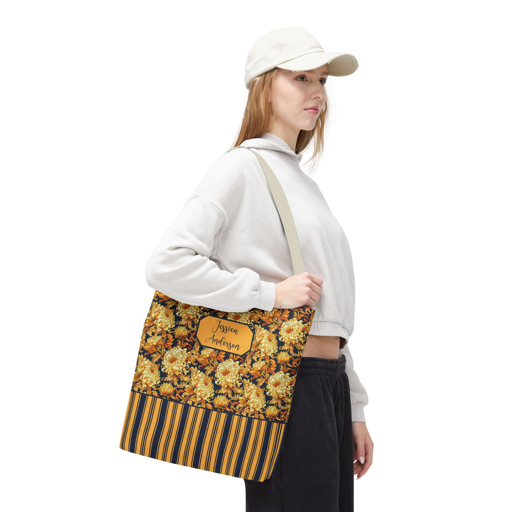Personalizable Floral Harvest Tote Bag — Vintage Chrysanthemum Striped Tote