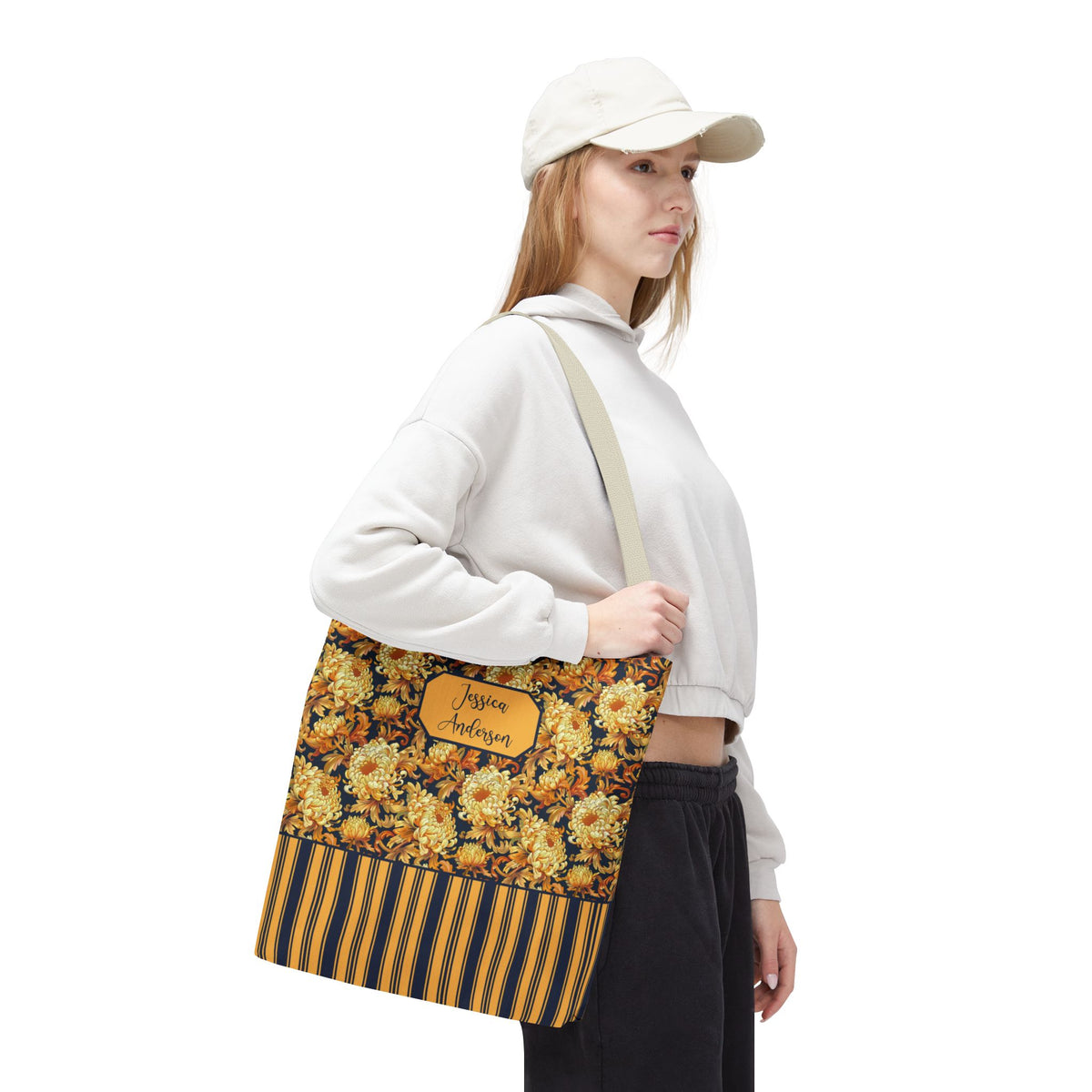 Personalizable Floral Harvest Tote Bag — Vintage Chrysanthemum Striped Tote