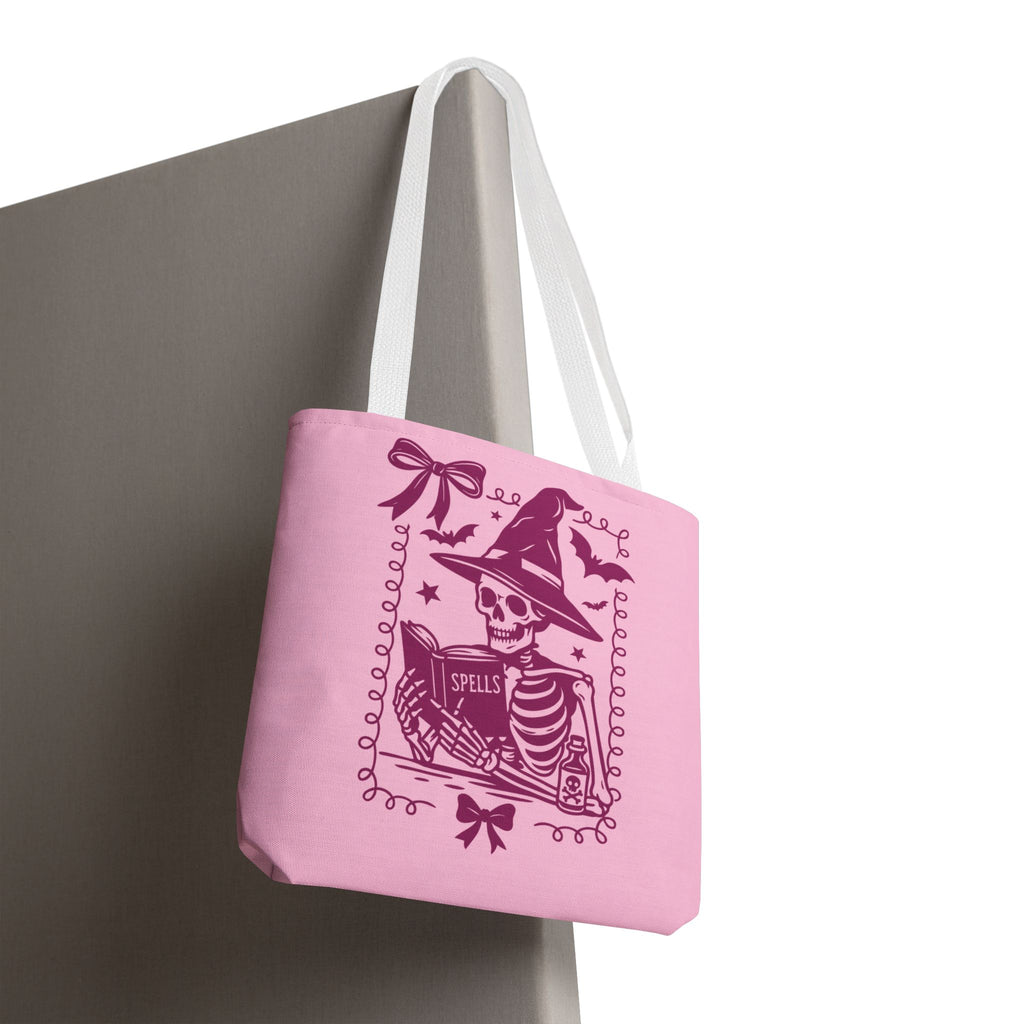 Pink Reading Witch Skeleton Tote Bag — Cute Coquette Frame Halloween Tote