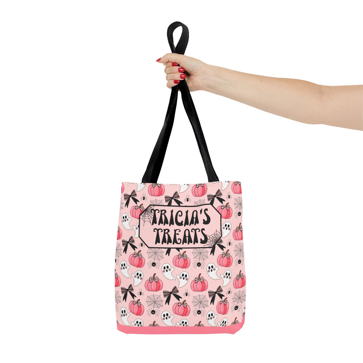 Pink Pumpkin Halloween Tote Bag - Cute Ghosts and Bows Personalizable Trick or Treat Bag