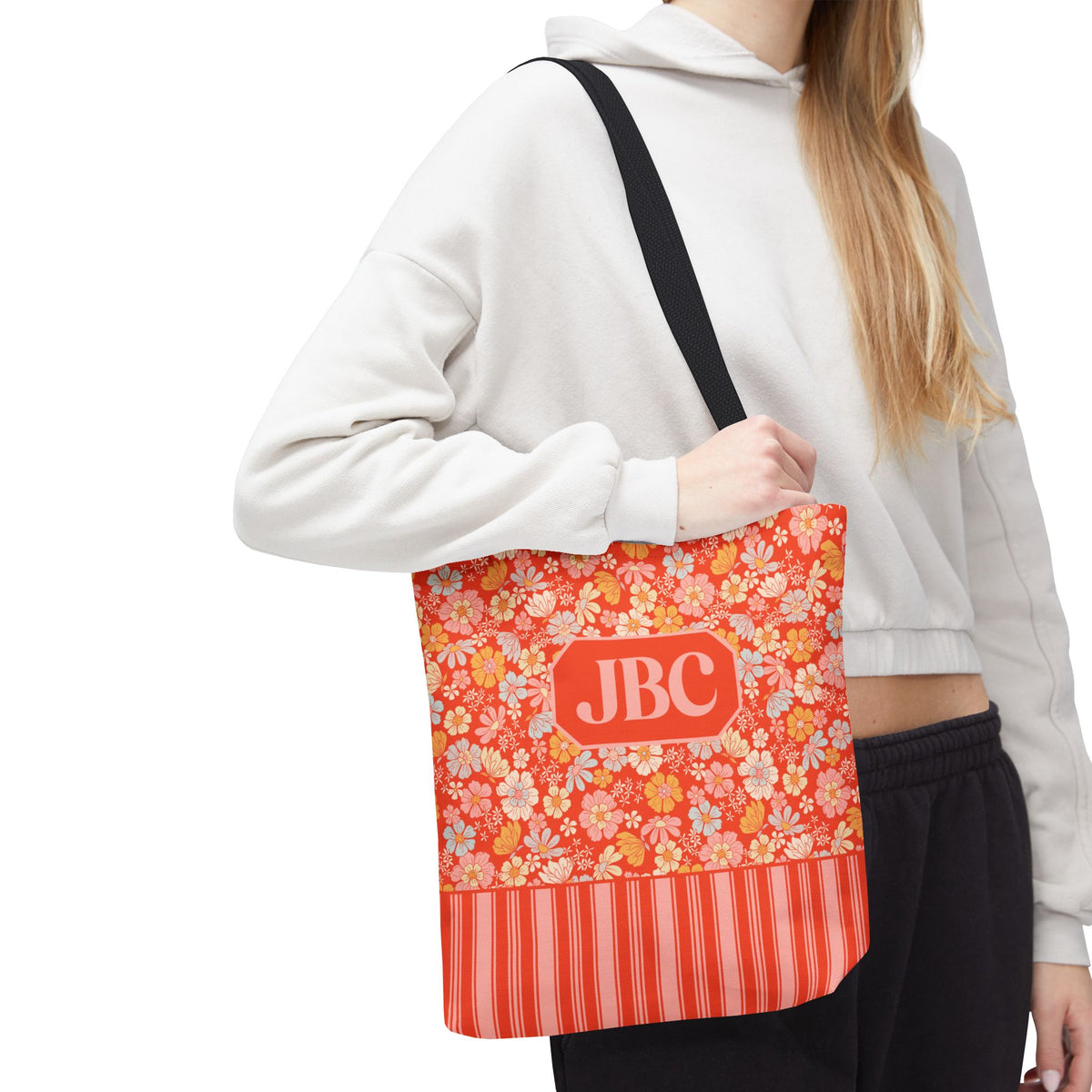 Personalizable Floral Striped Tote Bag - Orange Retro Blossom Tote