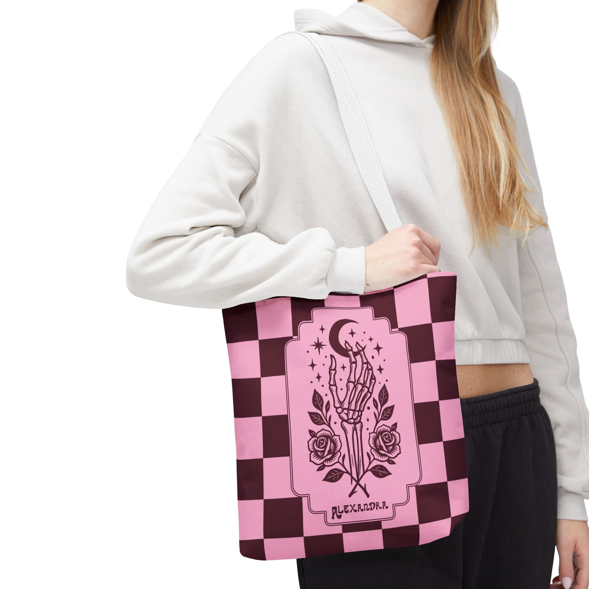 Personalizable Pink Checker Skeletal Hand Tote Bag — Gothic Moon and Roses Carryall
