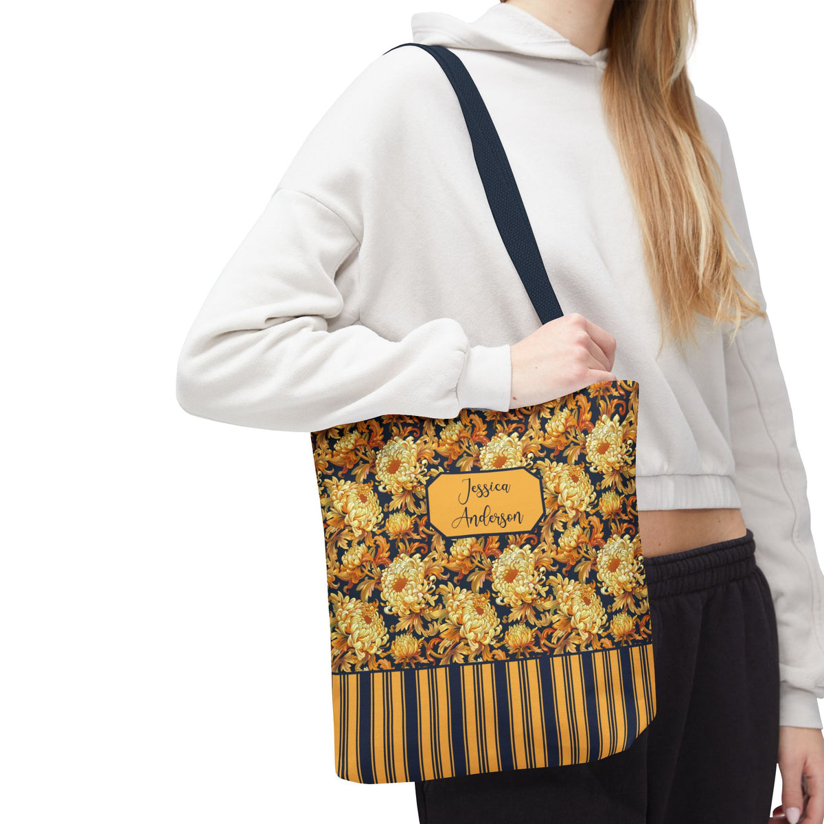 Personalizable Floral Harvest Tote Bag — Vintage Chrysanthemum Striped Tote