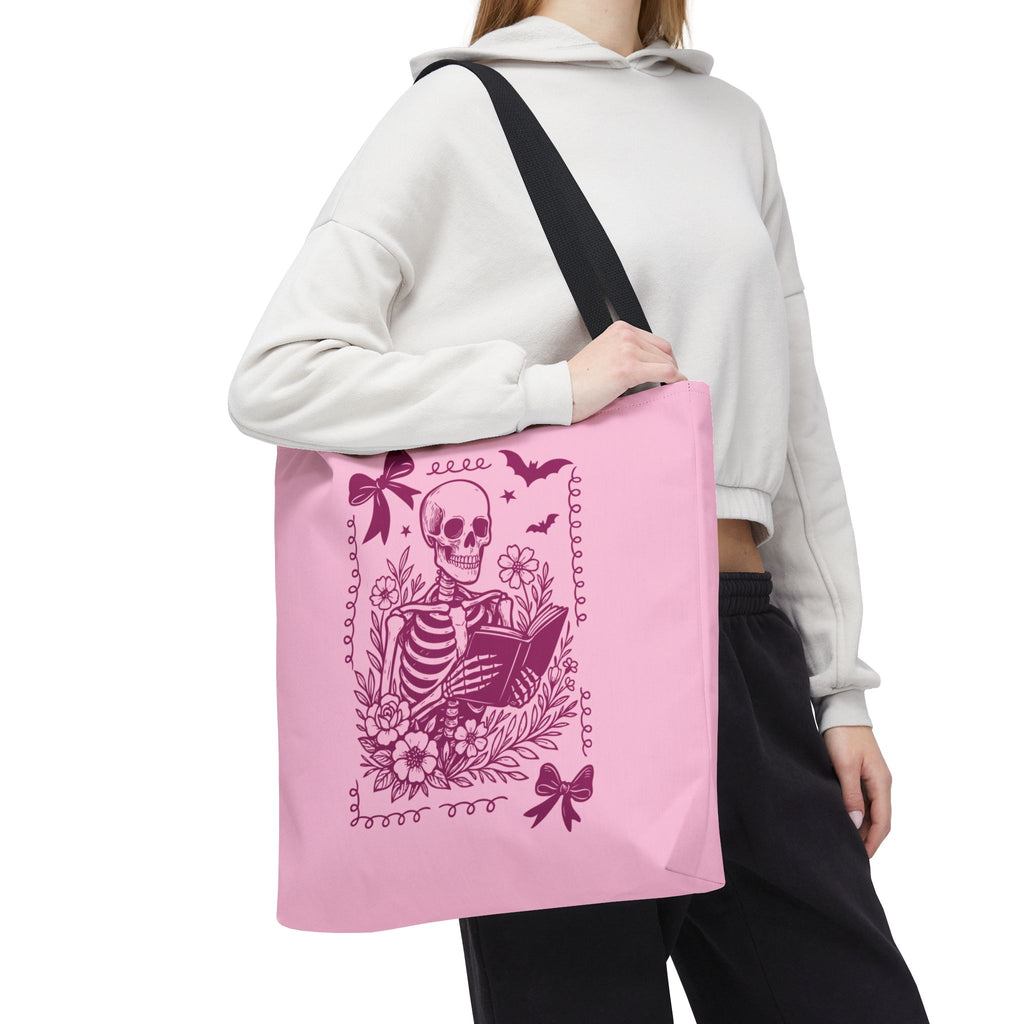 Floral Pink Reading Skeleton Tote Bag  - Cute Gothic Booklover Tote
