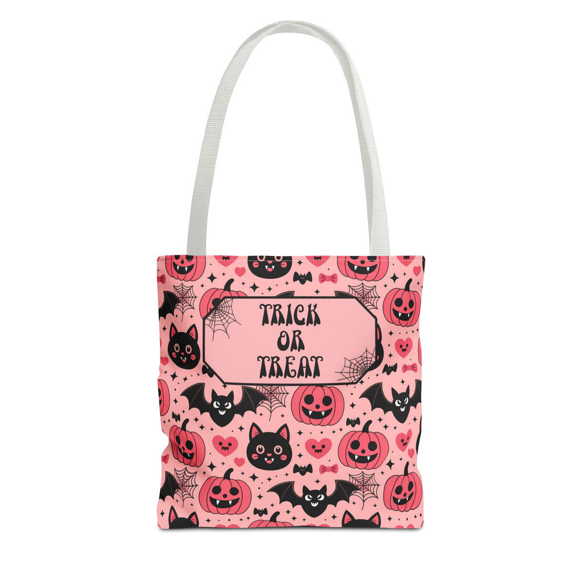 Pink Halloween Trick or Treat Bag  -Personalizable Carryall with Cute Cats, Bats and Jack-O'-Lanterns