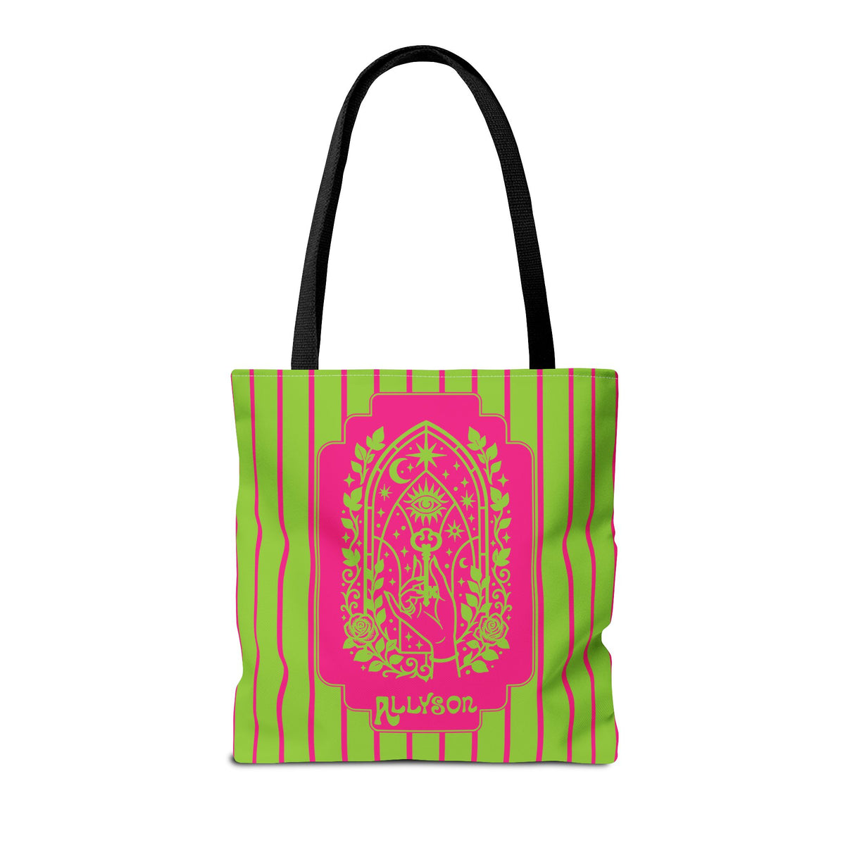 Personalizable Mystic Hand Neon Key Tote Bag -Retro Pink and Lime All-Over Print