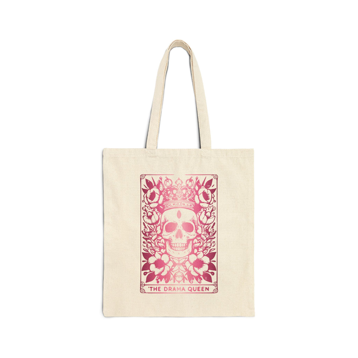 "The Drama Queen" Tarot Bag -Pink Gradient Floral Skull Cotton Canvas Tote