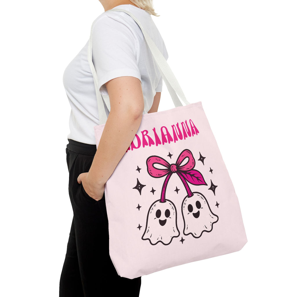Pink Cute Ghost Cherries Tote Bag - "Spooky and a Cutie" Personalized Halloween Tote