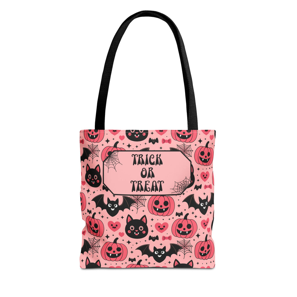 Pink Halloween Trick or Treat Bag  -Personalizable Carryall with Cute Cats, Bats and Jack-O'-Lanterns