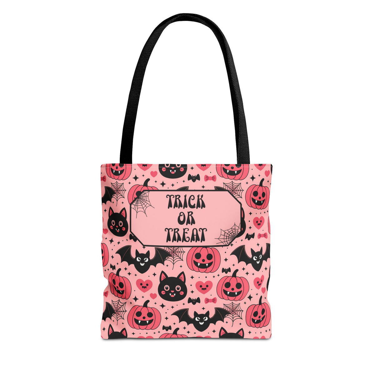 Pink Halloween Trick or Treat Bag  -Personalizable Carryall with Cute Cats, Bats and Jack-O'-Lanterns