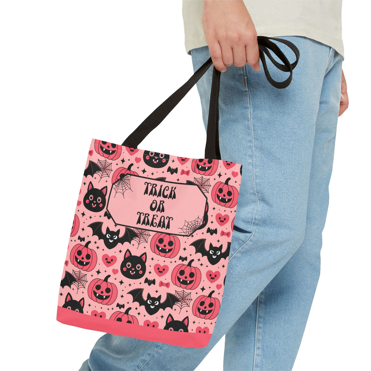 Pink Halloween Trick or Treat Bag  -Personalizable Carryall with Cute Cats, Bats and Jack-O'-Lanterns