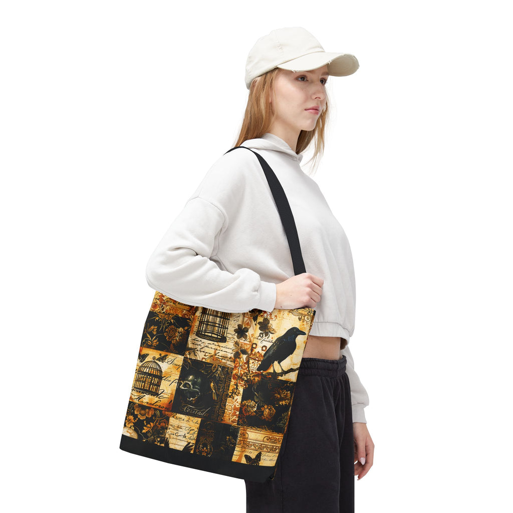 Gothic Raven Patchwork Tote Bag – Vintage Sepia and Black Collage Print