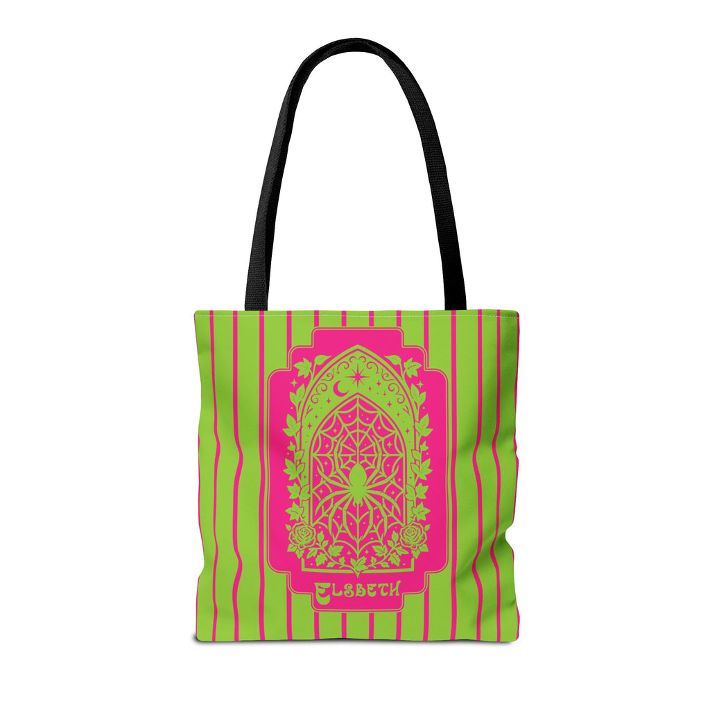 Personalized Green and Pink Retro Goth Tote with Mystic Spider Stained Glass Design