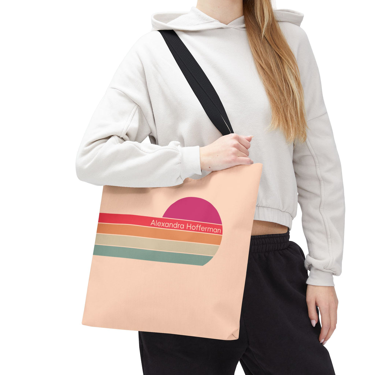 Personalizable Retro Sunset Tote Bag — Pastel Stripes Beach Vibe Carryall