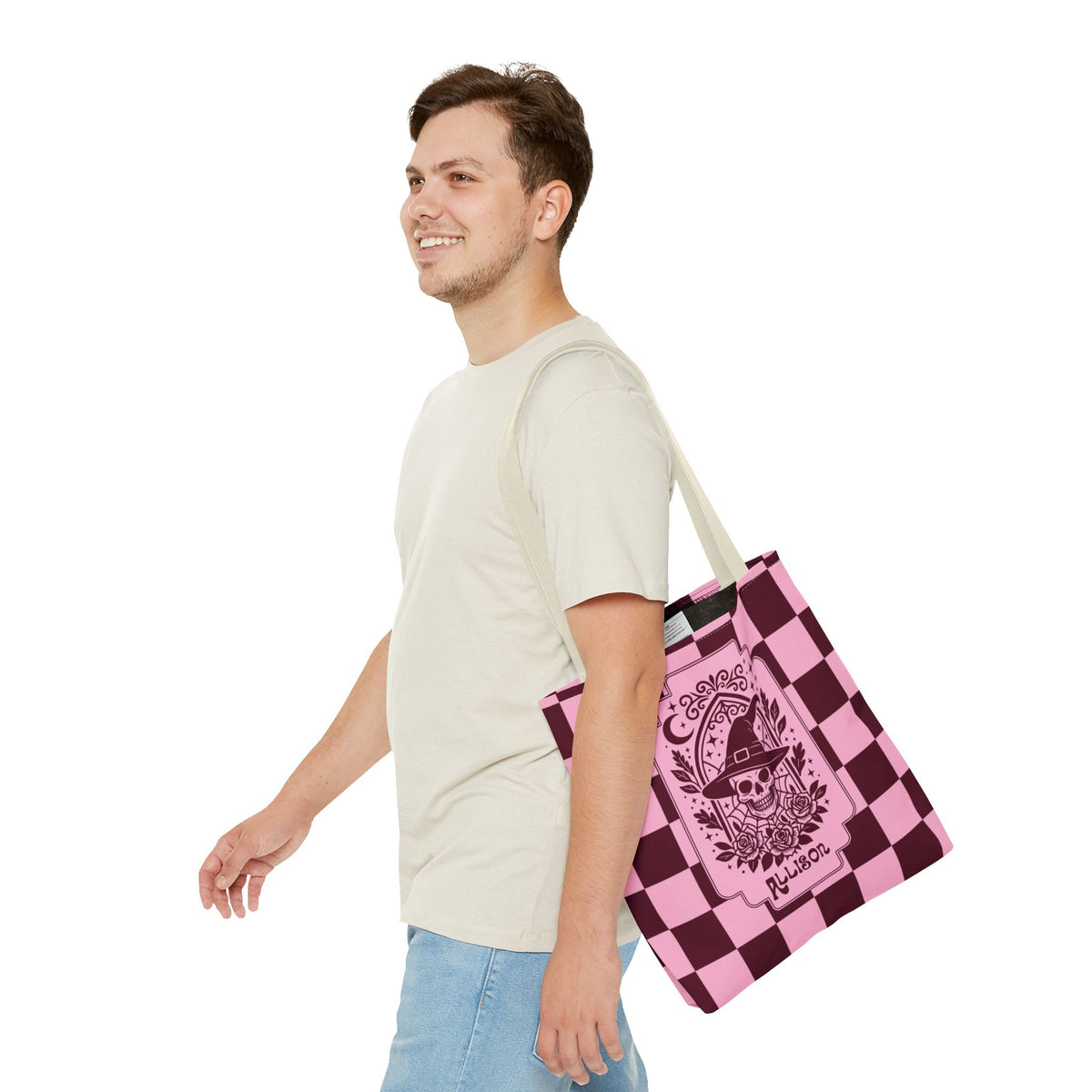 Pink Spooky Checkerboard Carryall - Gothic Witch Skull Personalizable Tote