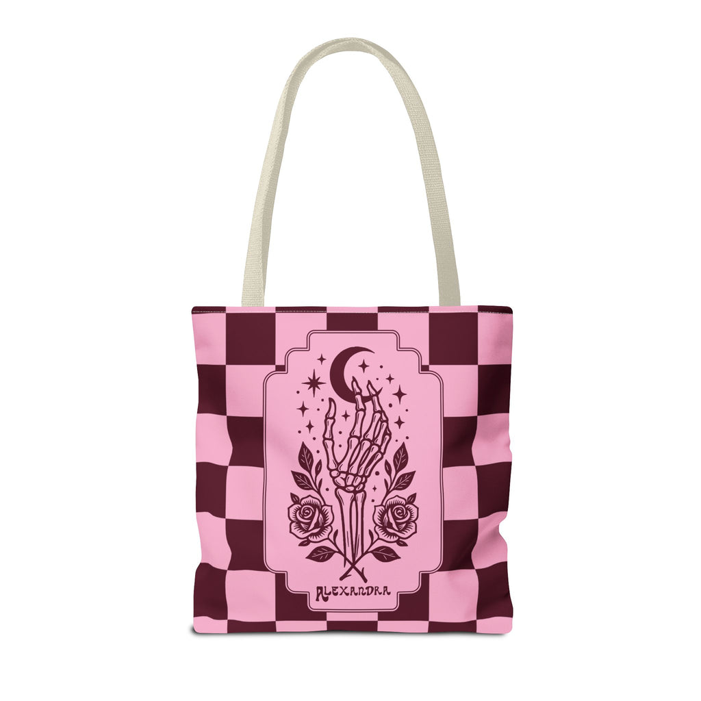 Personalizable Pink Checker Skeletal Hand Tote Bag — Gothic Moon and Roses Carryall
