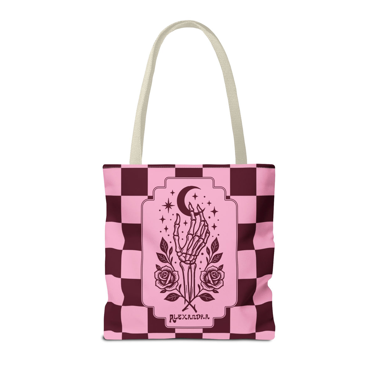 Personalizable Pink Checker Skeletal Hand Tote Bag — Gothic Moon and Roses Carryall