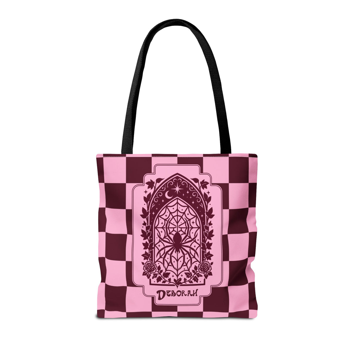 Personalizable Pink and Burgundy Retro Goth Tote with Mystic Spider Stained Glass Design