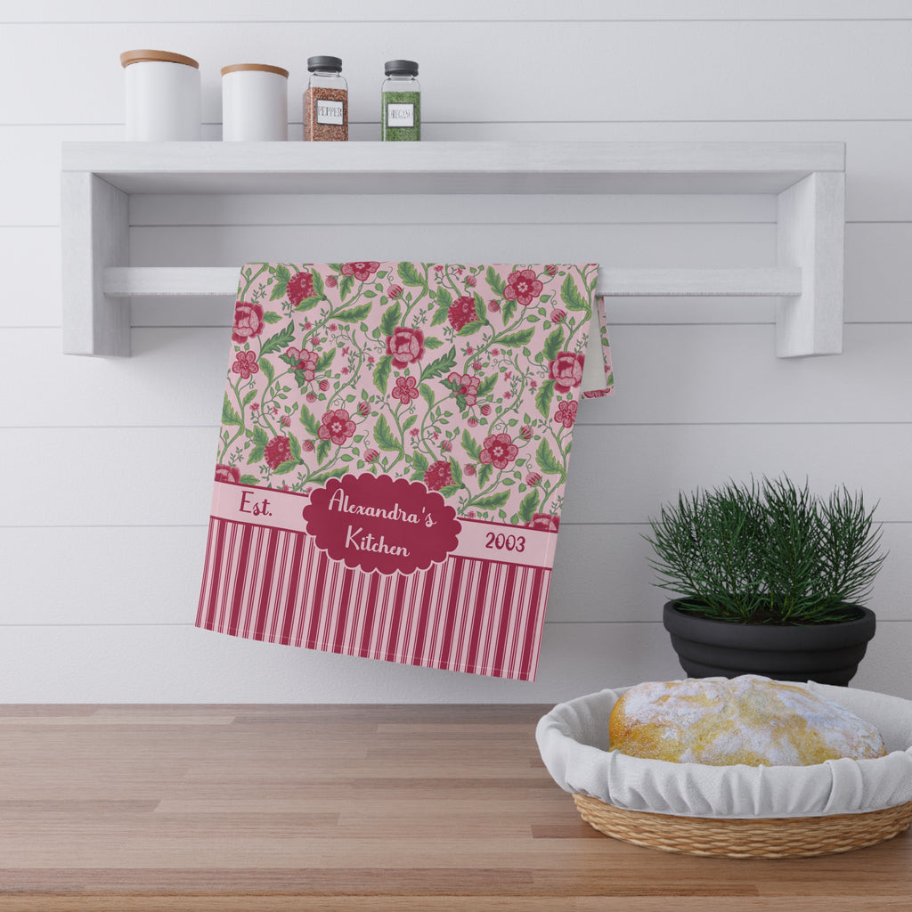 Personalizable Name and Date Tea Towel - Pink Jacobean Floral Striped Kitchen Towel