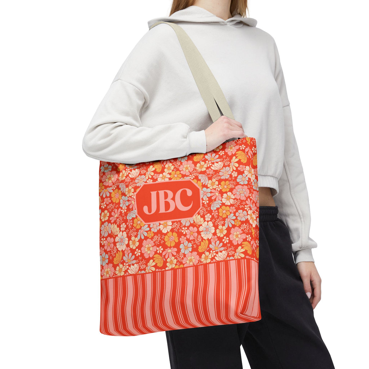 Personalizable Floral Striped Tote Bag - Orange Retro Blossom Tote