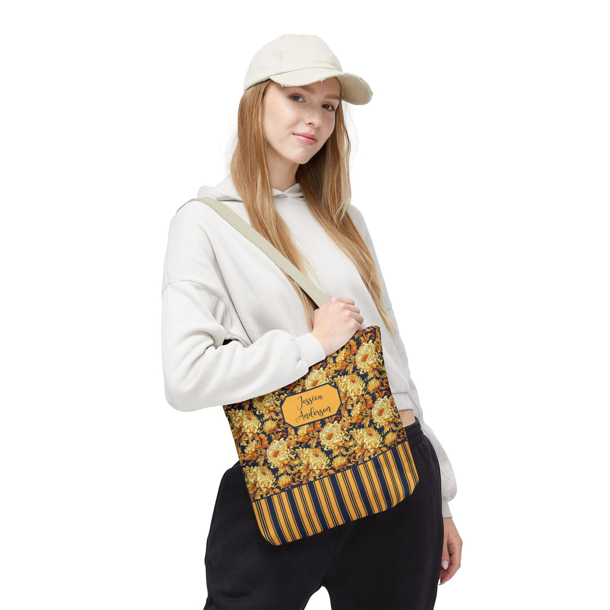 Personalizable Floral Harvest Tote Bag — Vintage Chrysanthemum Striped Tote