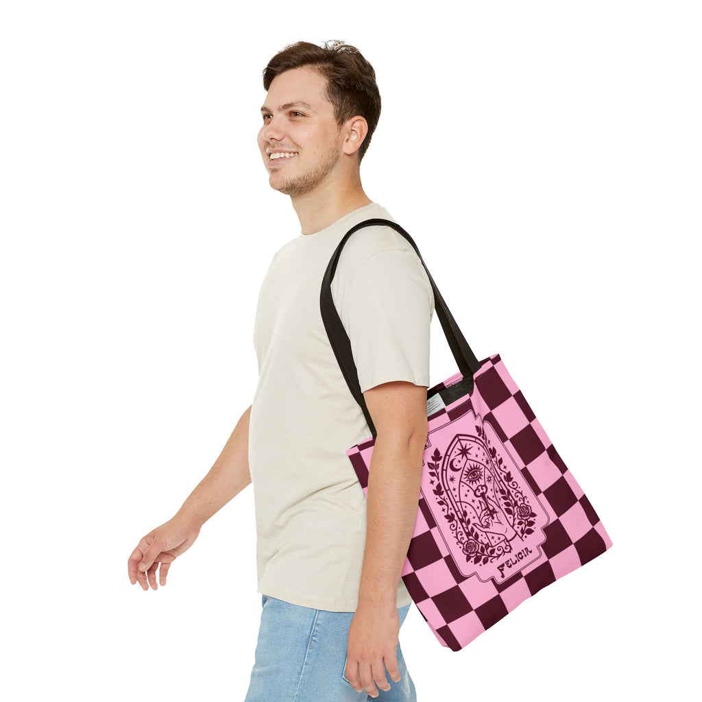 Personalizable Mystic Hand with Key Checkerboard Tote Bag – Pink and Burgundy Retro Goth Carryall
